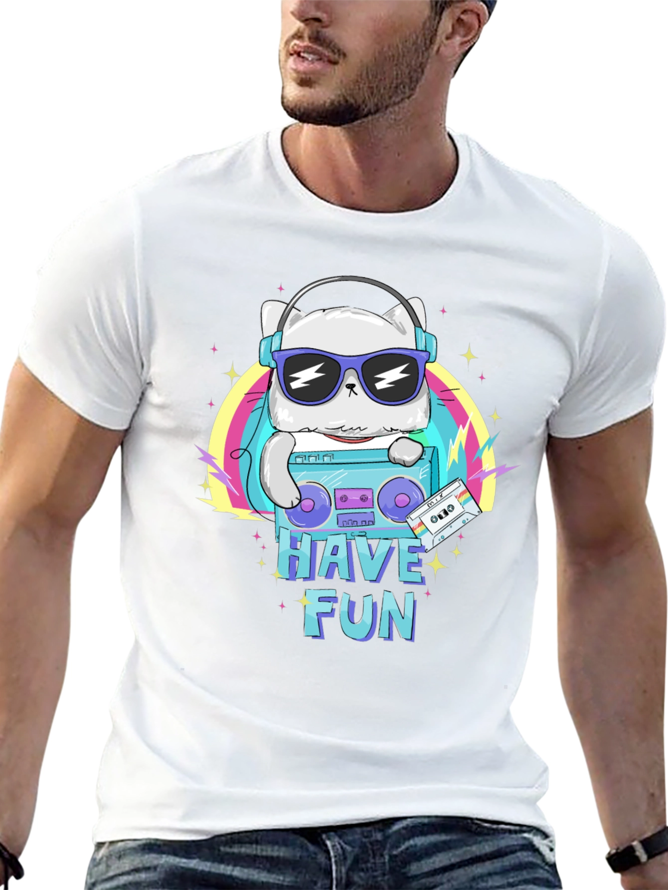 Cool Cat Boombox Graphic T-Shirt - Black Cotton Tee