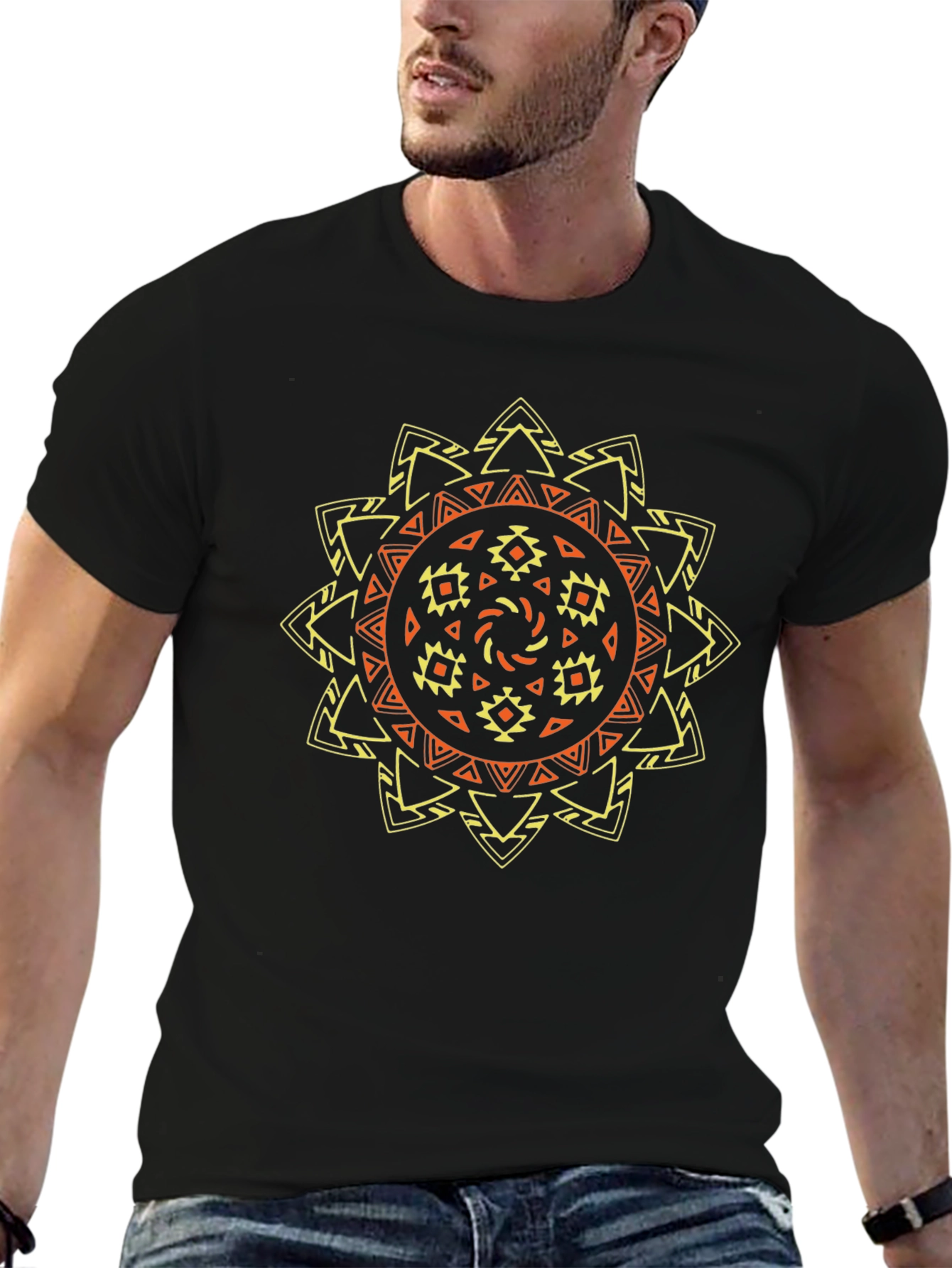 Tribal Sun Graphic Tee - Stylish Black T-Shirt