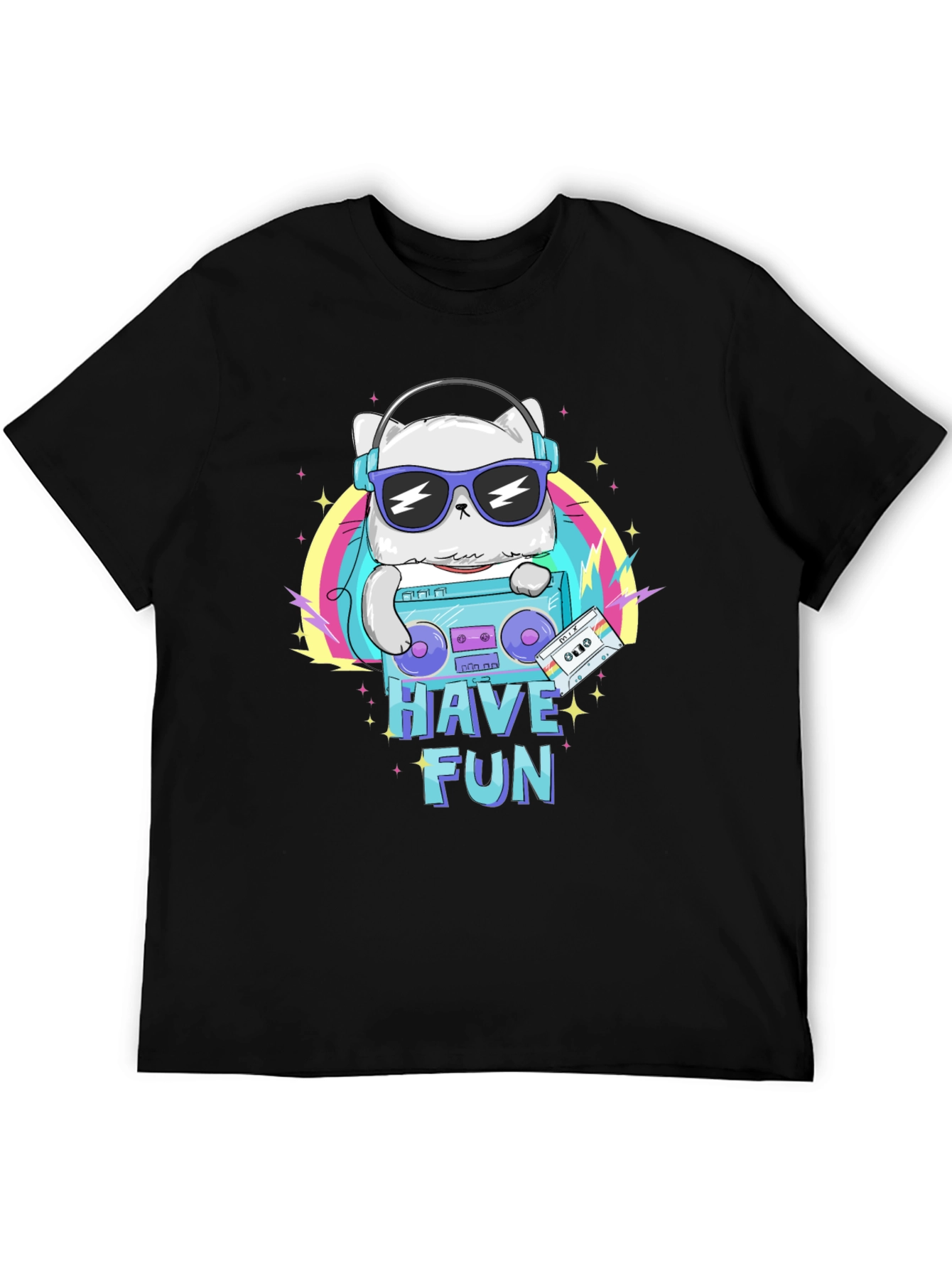 Cool Cat Boombox Graphic T-Shirt - Black Cotton Tee