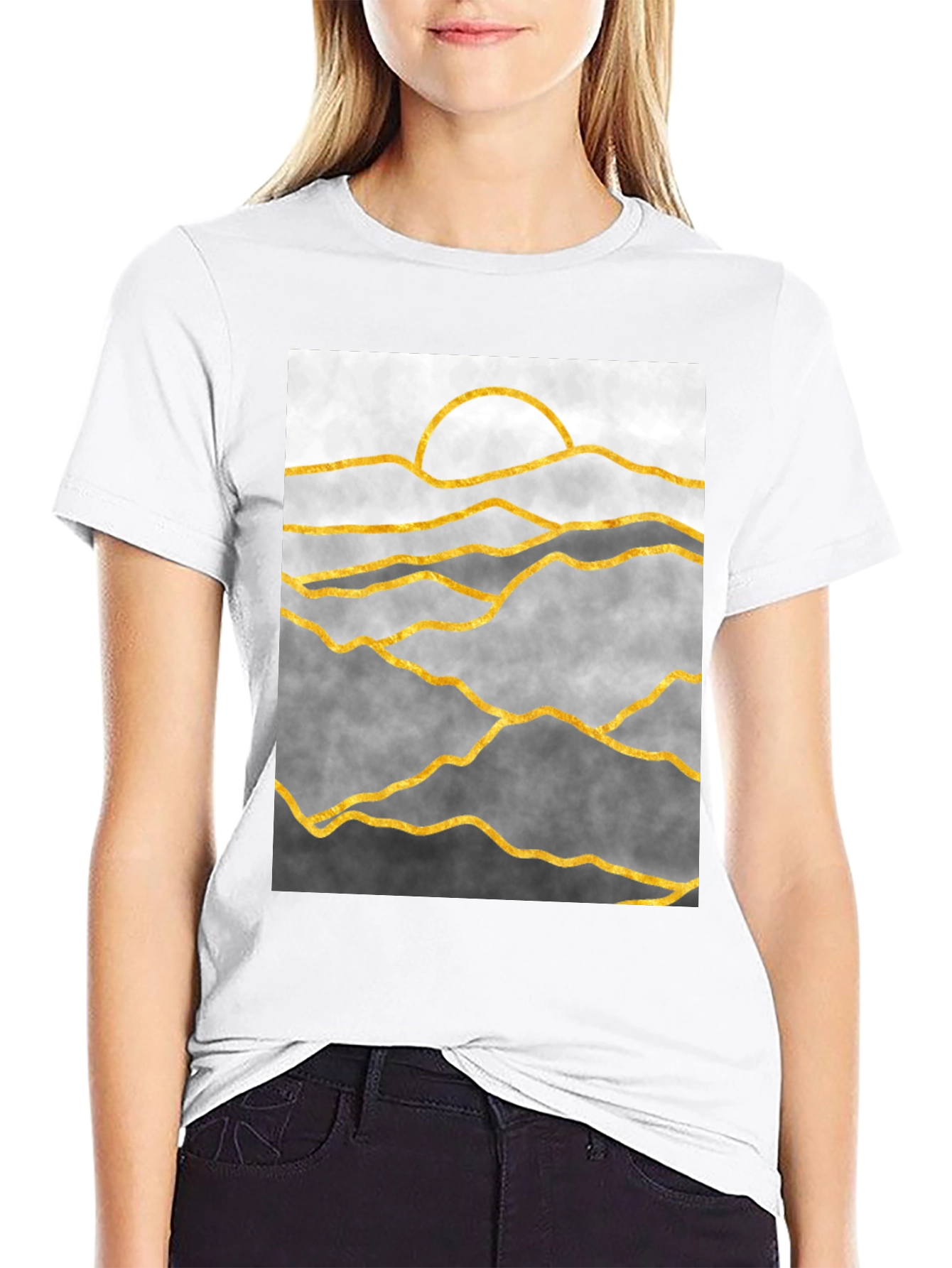 Abstract Golden Mountain Landscape Black Tee