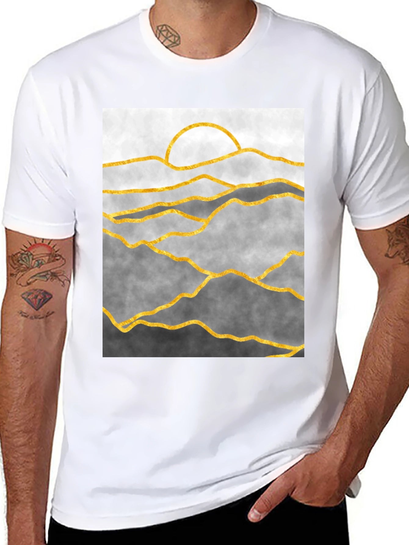 Abstract Golden Mountain Landscape Black Tee