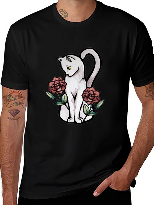 Cat & Roses Graphic T-Shirt - Stylish Black Tee