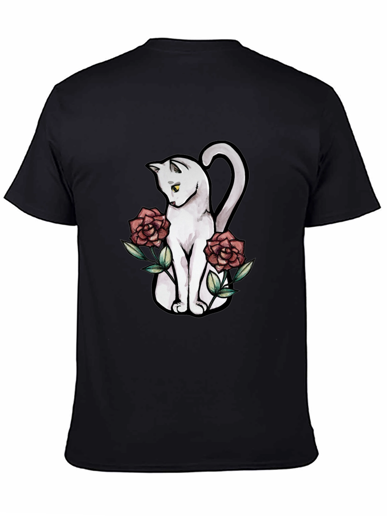 Cat & Roses Graphic T-Shirt - Stylish Black Tee