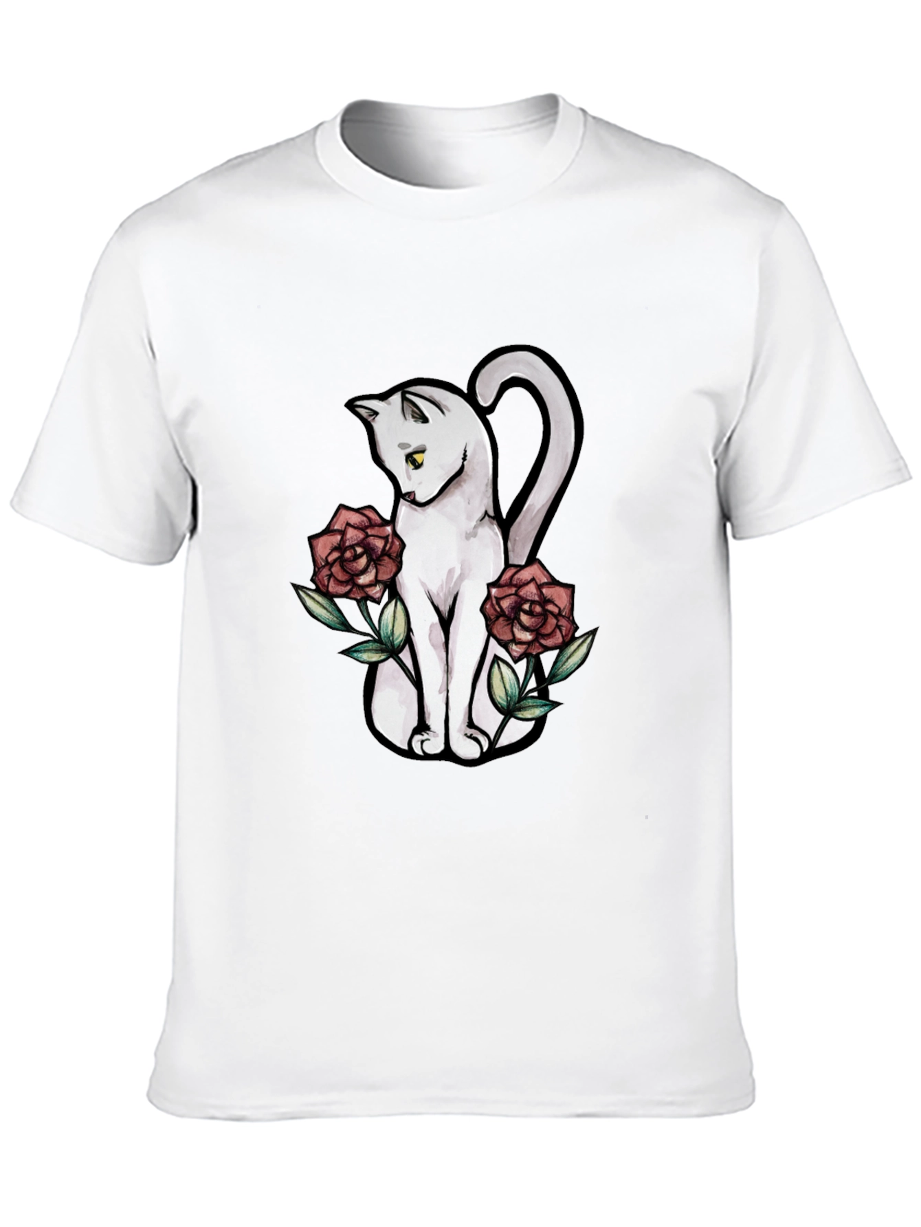 Cat & Roses Graphic T-Shirt - Stylish Black Tee