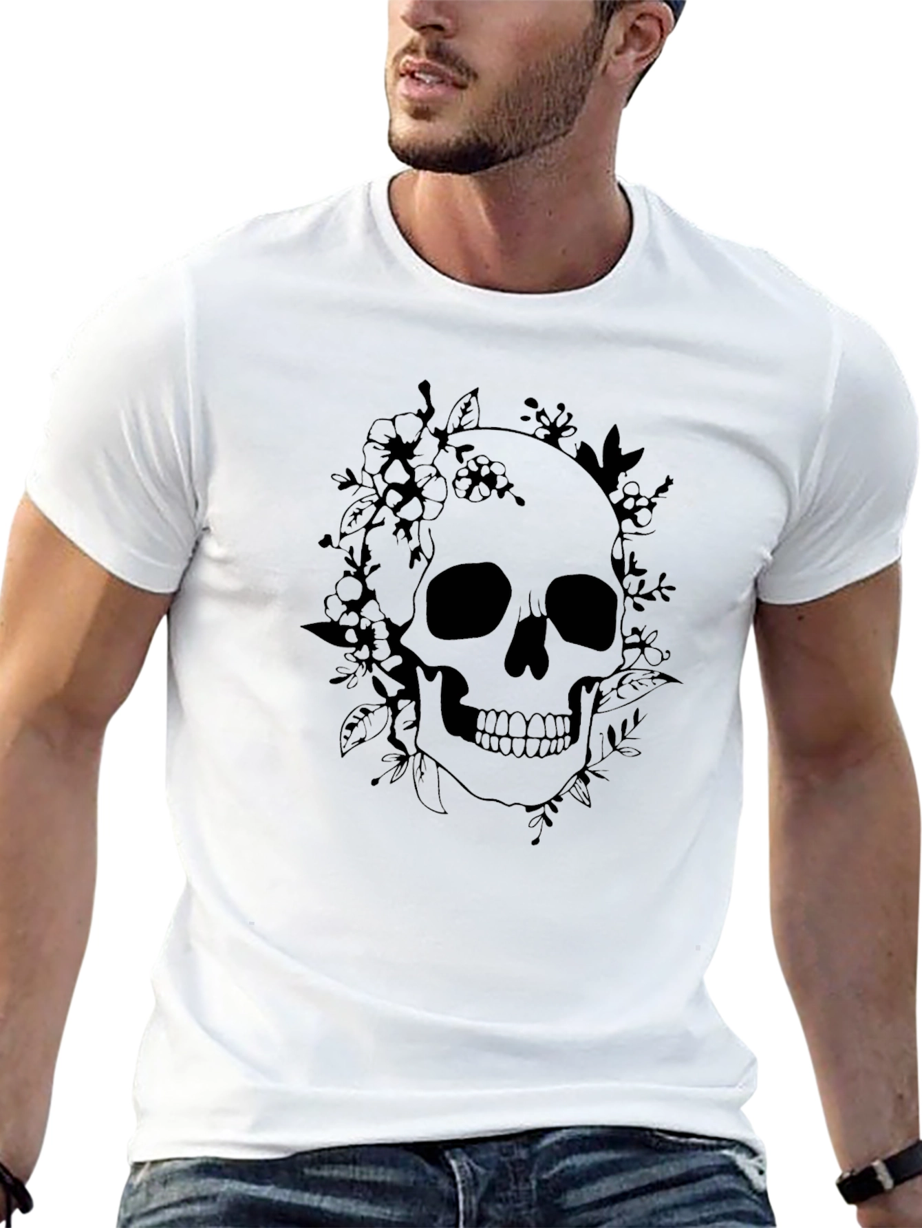 Floral Skull Graphic Tee - Black Cotton T-Shirt