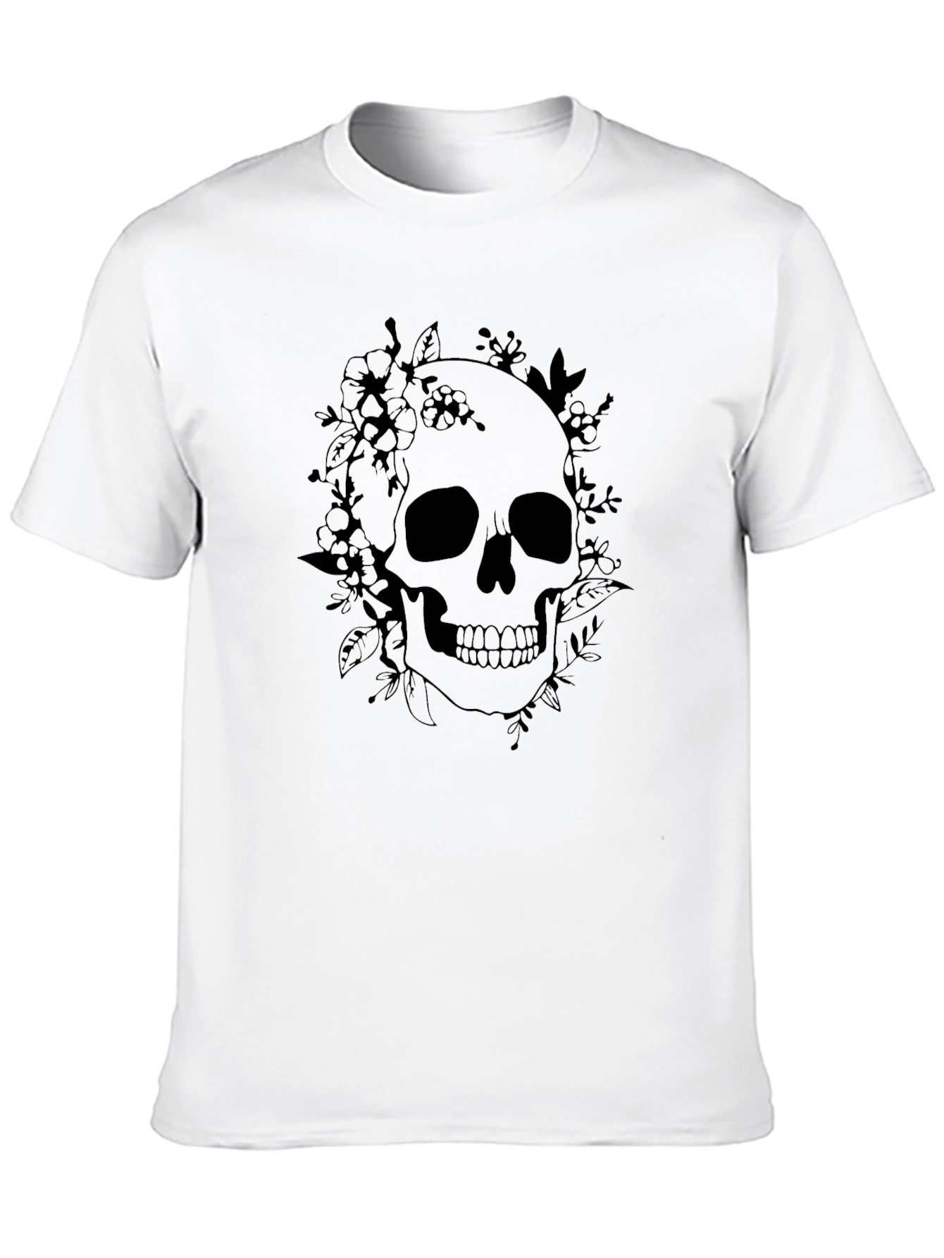 Floral Skull Graphic Tee - Black Cotton T-Shirt