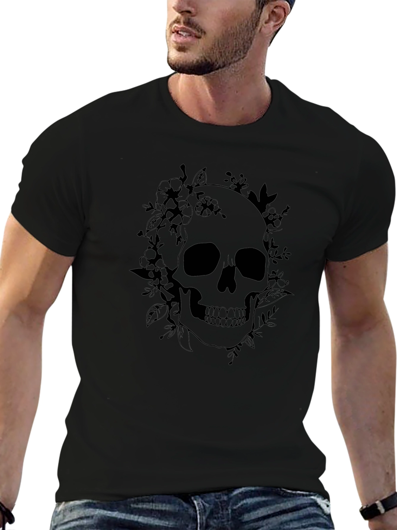Floral Skull Graphic Tee - Black Cotton T-Shirt