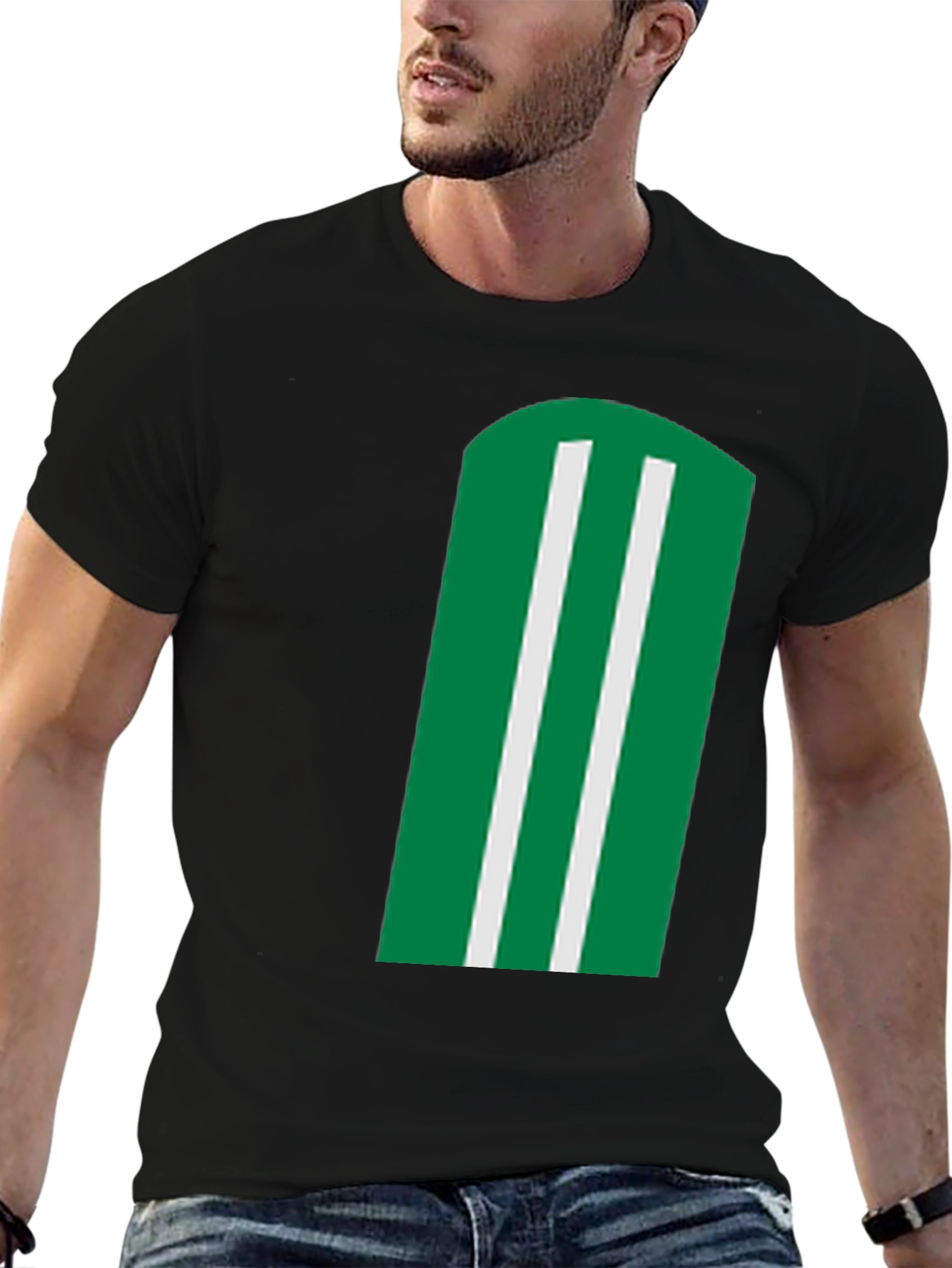 Green & White Striped Graphic Black T-Shirt