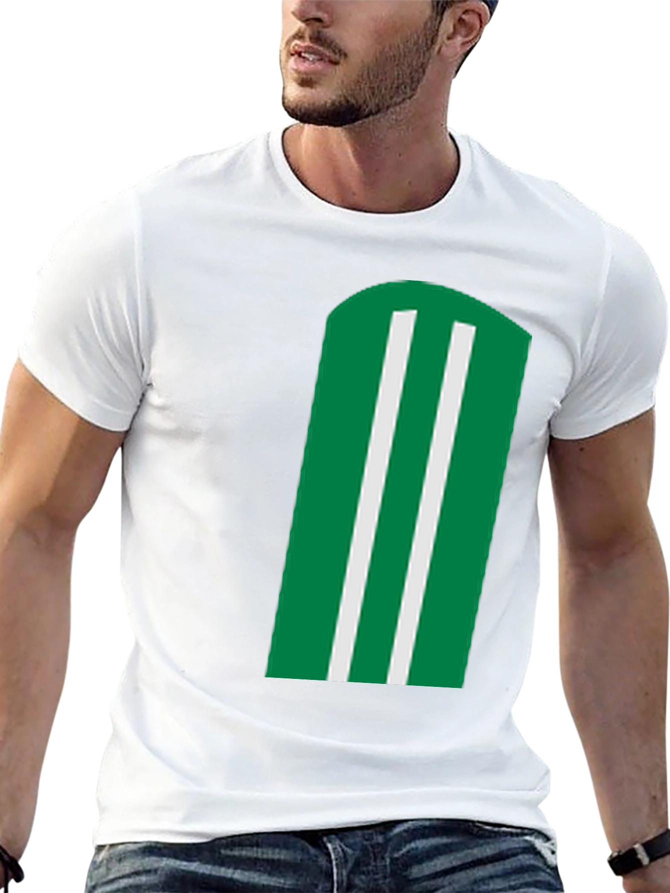 Green & White Striped Graphic Black T-Shirt