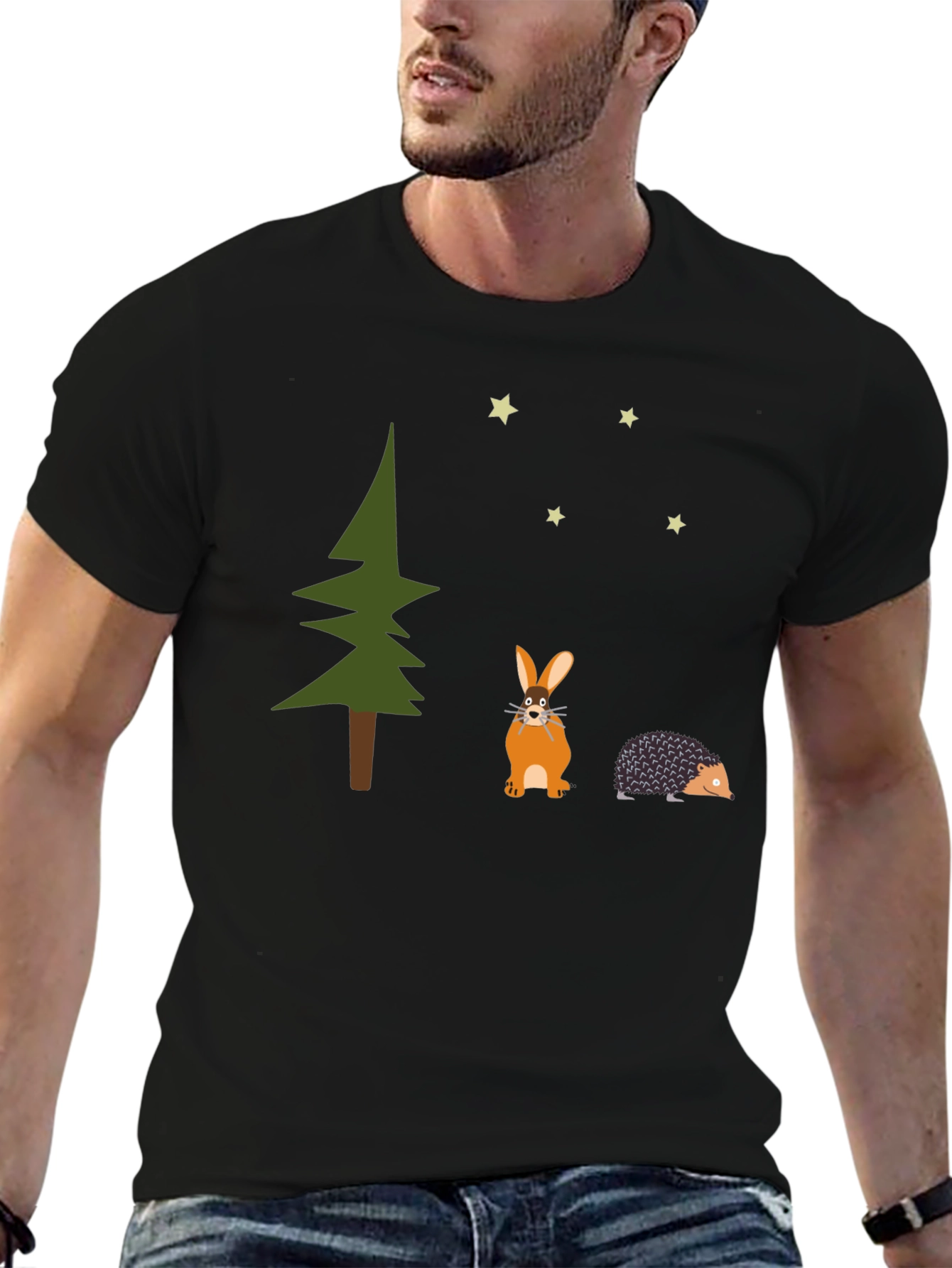 Whimsical Forest Tee: Rabbit Hedgehog and Stars