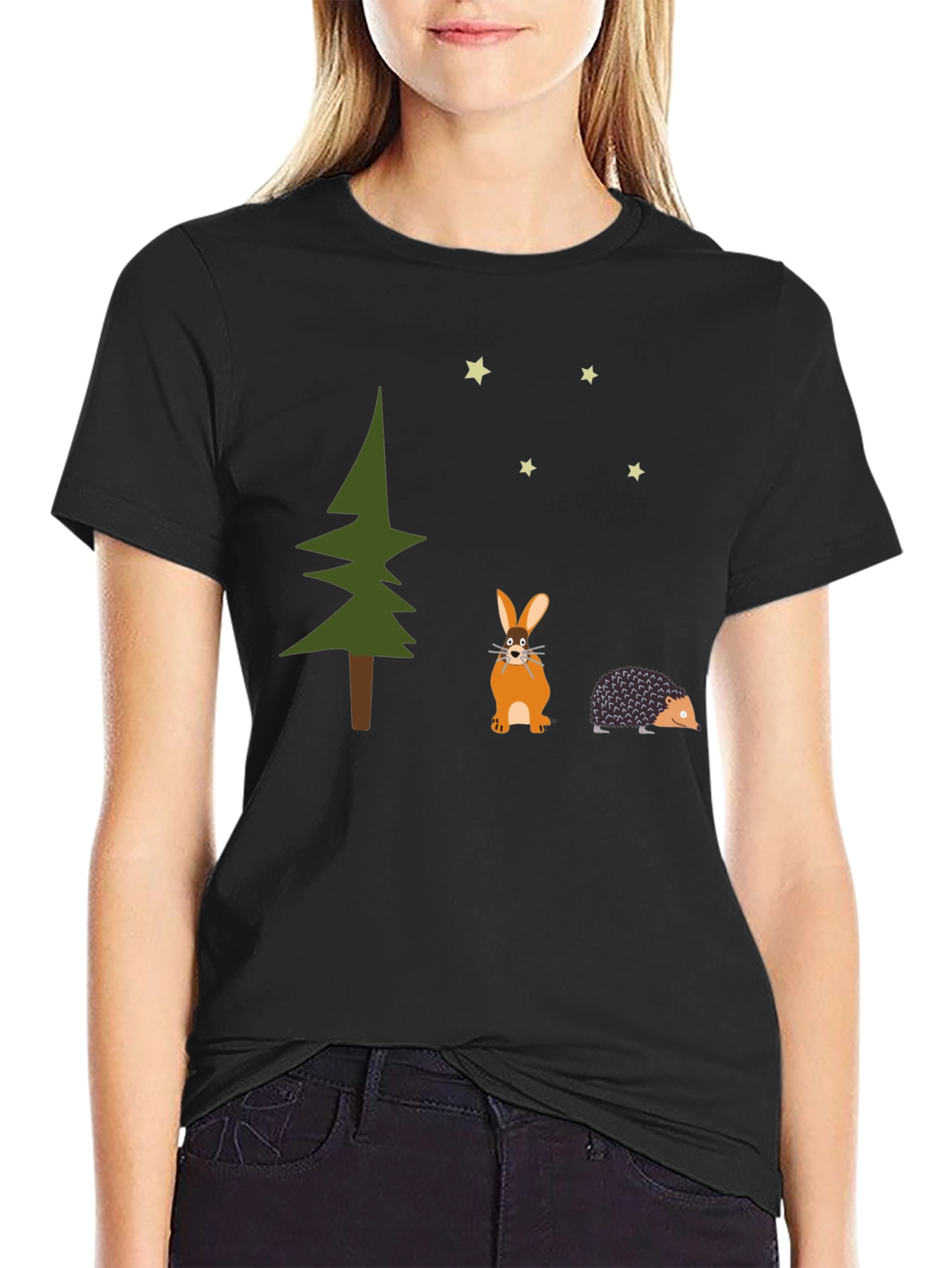 Whimsical Forest Tee: Rabbit Hedgehog and Stars
