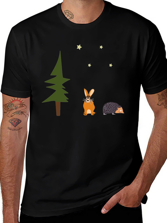 Whimsical Forest Tee: Rabbit Hedgehog and Stars